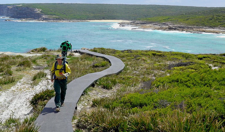 Exploring Royal National Park with the Google Street View Trekker backpack. Photo: OEH