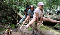 Three children wearing hats leapfrog over a fallen tree branch in the bush. Credit: Blanc Content Photography &copy; Blanc Content Photography