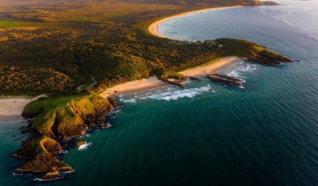 Aerial view of coast Limeburner's Creek National Park. Photo &copy; Positive Energy Adventures and Retreats.