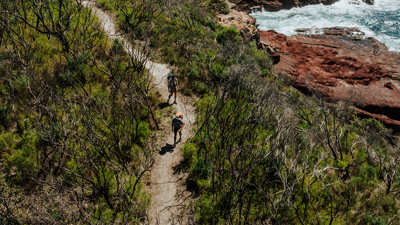 Hikers walking past Sea Caves, a rock formation along the Light to Light Walk. Credit: Daniel Parsons/DCCEEW © Daniel Parsons