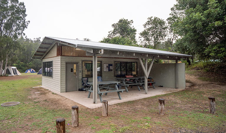 Camp kitchen exterior at Trial Bay Gaol campground, Arakoon National Park. Photo: Rob Mulally/DPIE