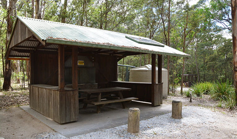 A picnic shelter with water tank in the background at Bald Rock campground in Bald Rock National Park. Photo: Dirk Richards &copy; Dirk Richards
