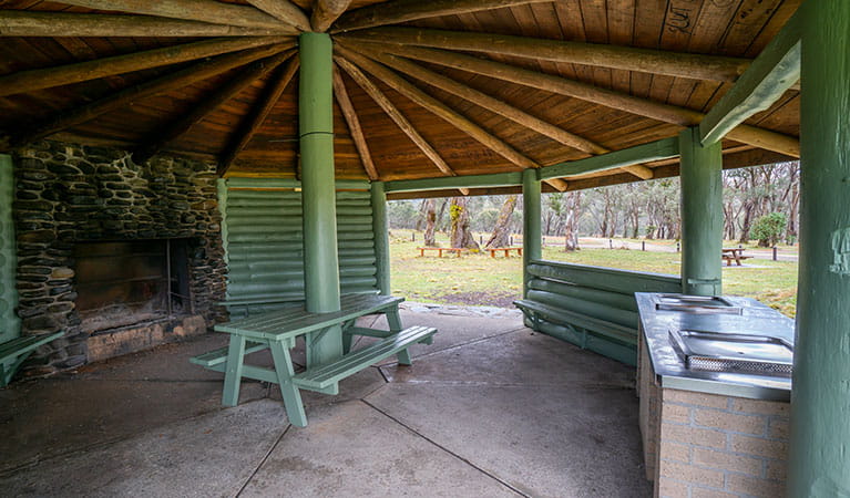 Barbecue facilities under a covered pavilion in Polblue campground and picnic area, Barrington Tops National Park. Photo: John Spencer/DPIE