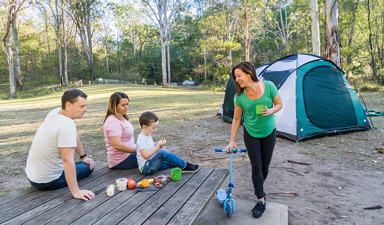 Family eating a picnic lunch in the Appletree Flat section of Euroka campground. Photo: OEH/Simone Cottrell
