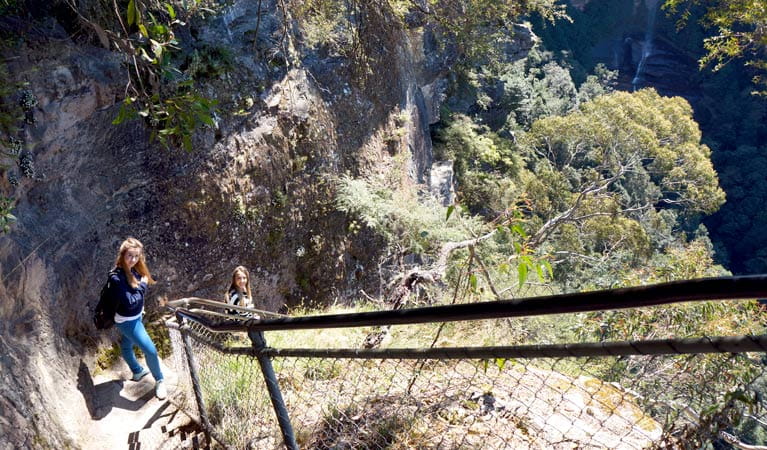 Walker at the bottom of a very steep set of sandstone steps with a handrail on Furber Steps walk, Blue Mountains National Park. Credit: Steve Alton &copy; NSW Government