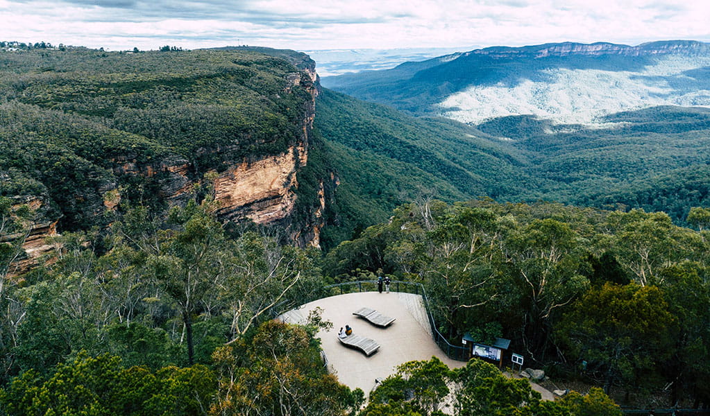 Aerial view of Jamison Valley lookout, with Jamison Valley on the horizon, Greater Blue Mountains Heritage Area. Photo: Remy Brand &copy; Remy Brand