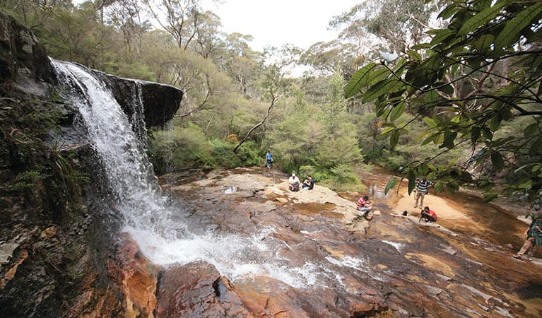 Visitors picnic below Weeping Rock waterfall, near Wentworth Falls, in Blue Mountains National Park. Photo: Elinor Sheargold &copy; OEH