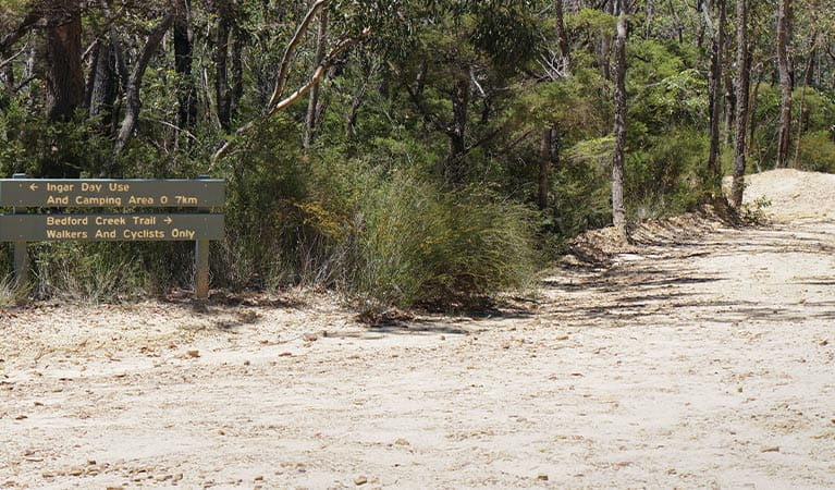 Track signage at Ingar Road and Bedford Creek trail junction, Blue Mountains National Park. Photo: Stephen Alton/OEH