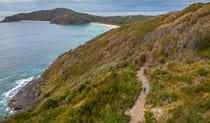 An aerial view of a person walking along Booti walking track with the ocean and Booti Booti national park in the background. Credit: John Spencer &copy; DPE