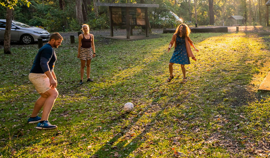 Campers playing soccer at Sheepstation Creek campground. Photo credit: John Spencer &copy; DPIE