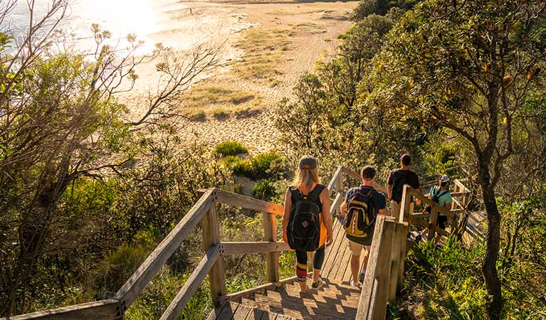 A group of friends walking down a wooden staircase from Bouddi coastal walk to a beach, in Bouddi National Park. Photo: John Spencer &copy; OEH