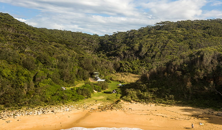Aerial view of Little Beach and campground showing toilet and barbecue facilities, Bouddi National Park. Photo: John Spencer/DPIE.