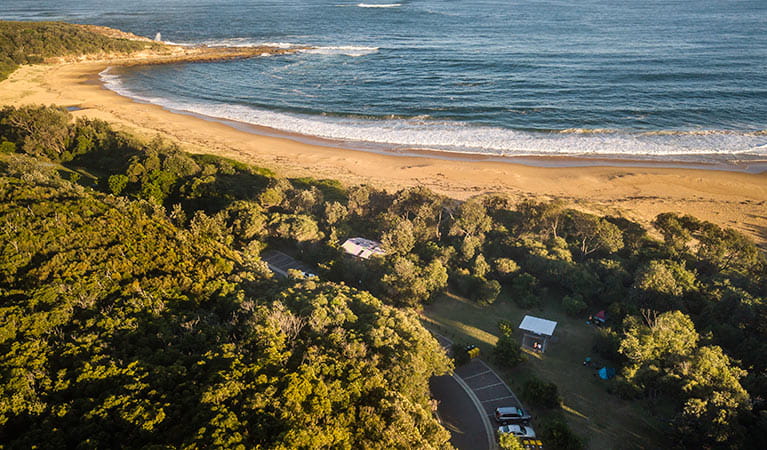 Aerial view of Putty Beach campground, right next to the beach. Photo: John Spencer/DPIE
