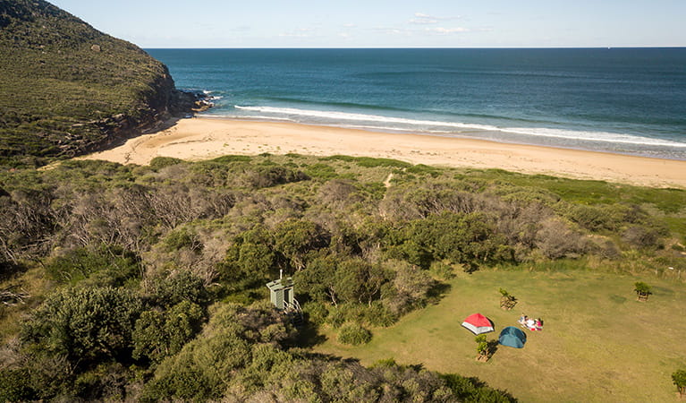 Aerial view of Tallow Beach and campground, Bouddi National Park. Photo: John Spencer/DPIE.