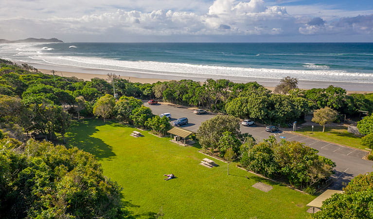 Aerial view of Broken Head picnic area and nearby beach in Broken Head Nature Reserve. Photo: John Spencer/DPIE
