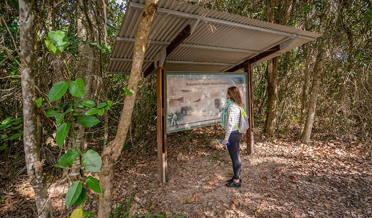 A woman reading information on a sign about Brunswick Heads Nature Reserve at North Head walking track. Photo: John Spencer &copy; OEH