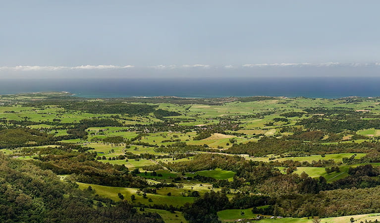 Views of farmland and coastline from Jamberoo lookout, Budderoo National Park. Photo credit: Michael Van Ewijk &Copy; DPIE
