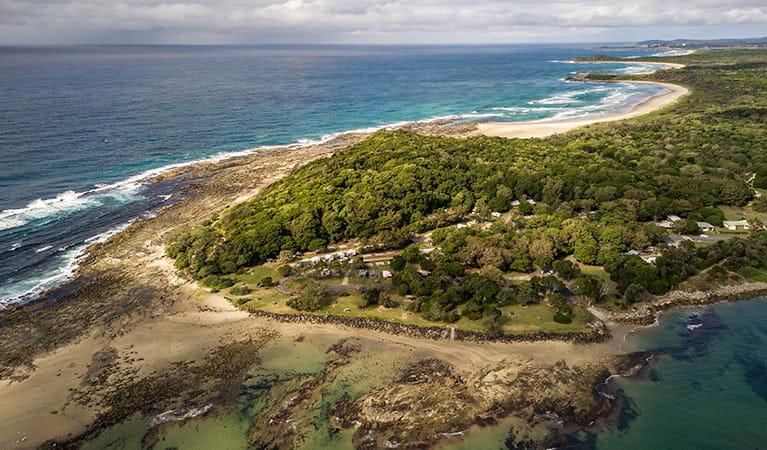 Aerial view of Woody Head cottages, cabins and camground, Bundjalung National Park. Photo: John Spencer/OEH