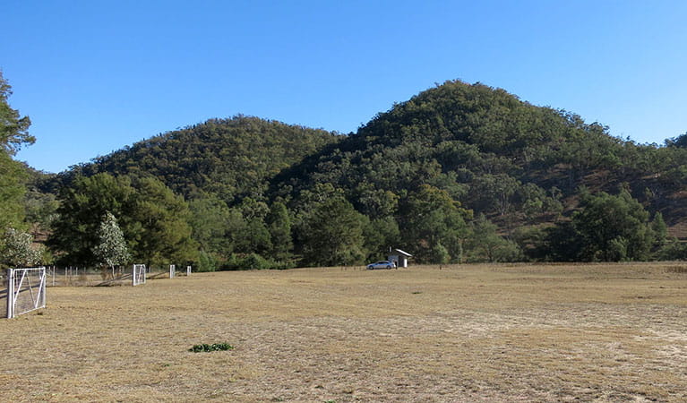 Capertee campground with tree-covered hills in the background in Capertee National Park. Photo: Jessica Barnie &copy; DPIE