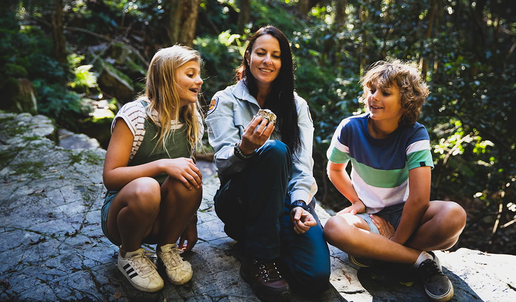 Two kids on a tour, sitting with a ranger on a rock in the rainforest smiling at something she is holding. Photo credit: Destination NSW &copy; Destination NSW