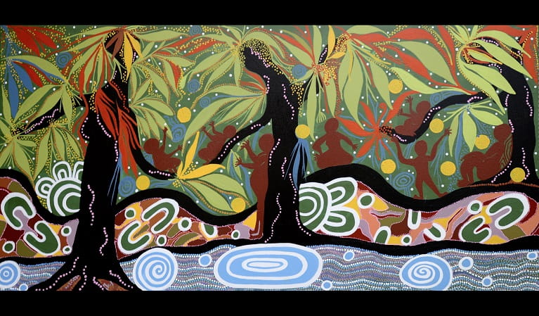Painting depicting the sacredness of Minerva Pool in Dharawal National Park. Artwork: Coomaditchie Artists/OEH