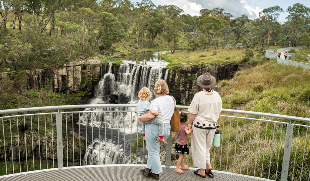 Family on viewing platform looking out at Ebor Falls, Guy Fawkes River National Park. Photo: David Waugh, &copy; DCCEEW