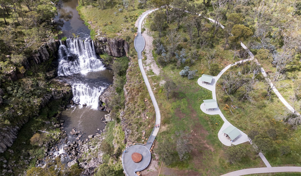 Aerial view of Ebor Falls and walking tracks, Guy Fawkes River National Park. Photo: David Waugh, &copy; DCCEEW