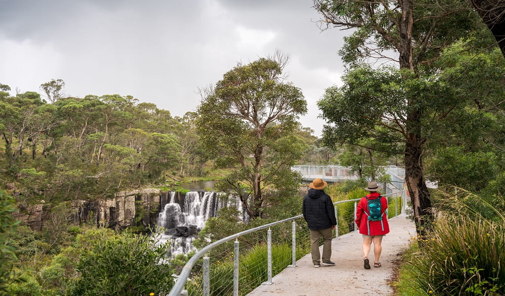 Visitors take in picturesque waterfall views from Upper Ebor Falls. Photo: David Waugh &copy; DCCEEW