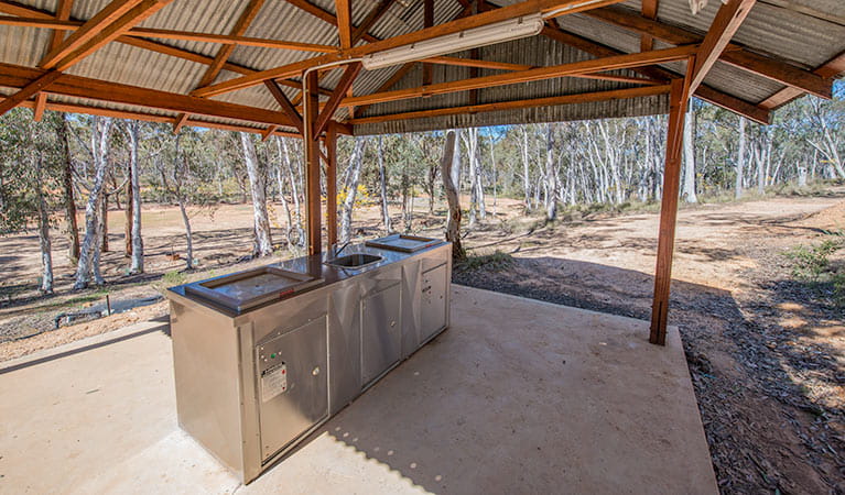 View of a barbecue shelter at Glendora campground, Hill End Historic Site. Photo: John Spencer/OEH