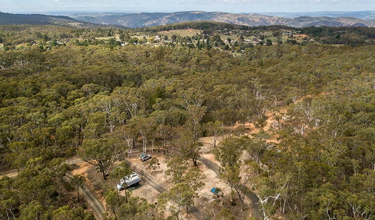 Arial view of Glendora campground and the surrounding bushland, with Hill End Historic Site in the distance. Photo: John Spencer/OEH