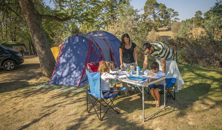 A family at Village campground, Hill End Historic Site. Photo: John Spencer/OEH