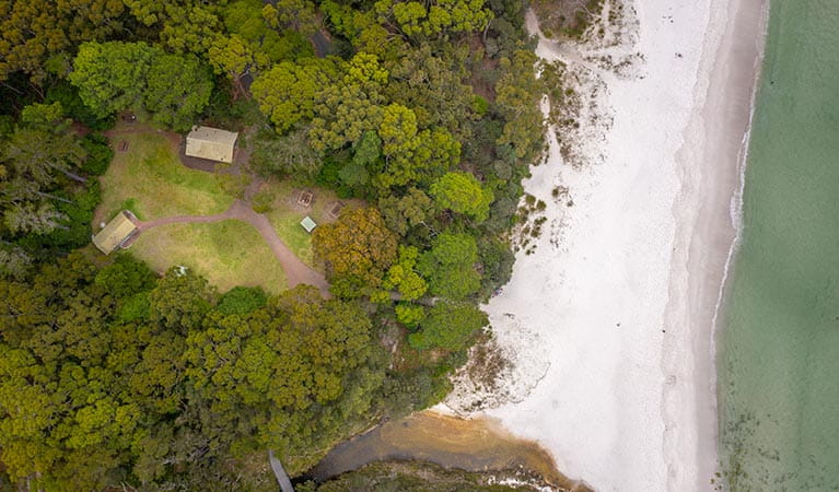 Aerial view of Greenfield Beach picnic area and the nearby beach. Photo: John Spencer/DPIE