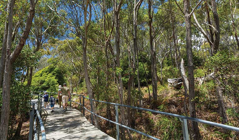 A family walk a boardwalk section of Scribbly Gum track, Jervis Bay National Park. Photo: David Finnegan &copy; OEH