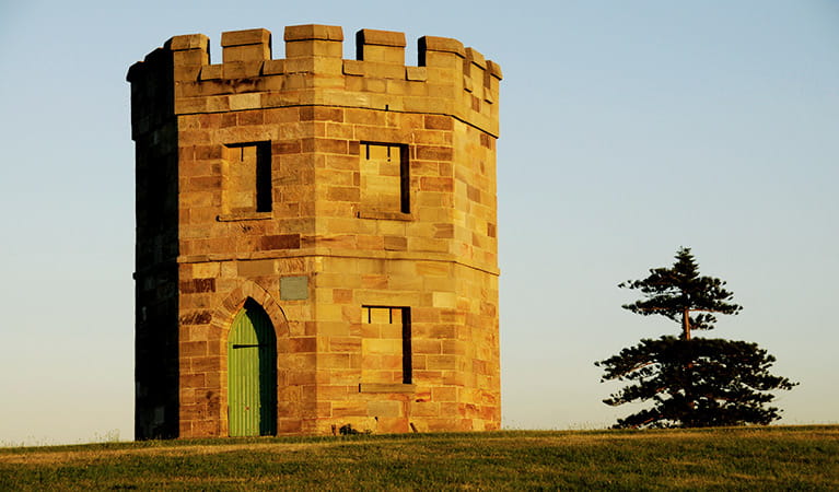 Octagonal stone watchtower with parapet, set on a grass lawn with pine tree. Photo: Kevin McGrath/DPIE