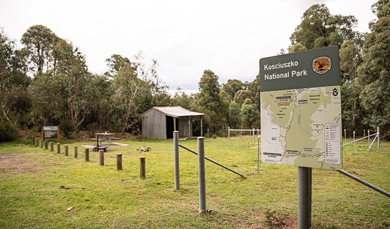 Park sign and map in front of horse shelter and yards, Geehi horse camp, Kosciuszko National Park. Photo: Robert Mulally &copy; Robert Mulally
