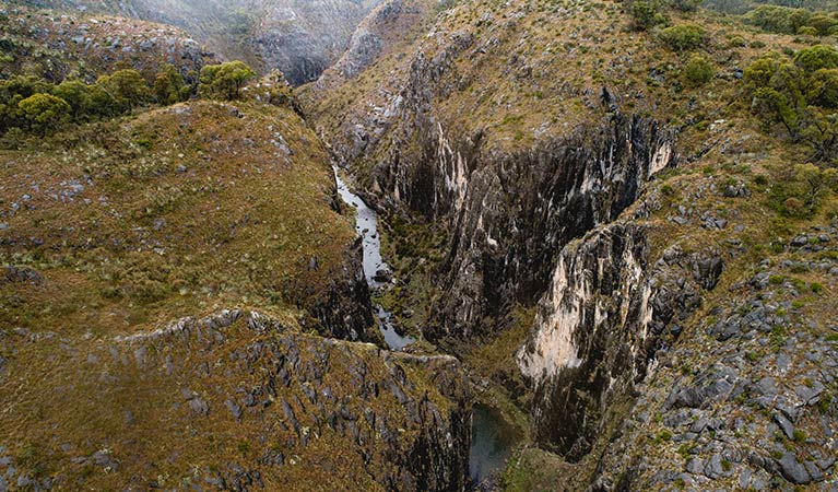 Aerial view of Clarke Gorge, near Blue Waterholes, in the High Plains area of Kosciuszko National Park. Photo: Robert Mulally/DPIE