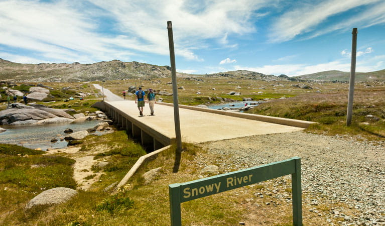 Two people cross the Snowy River along the Kosciuszko Summit trail. Photo: Murray Vanderveer &copy; OEH