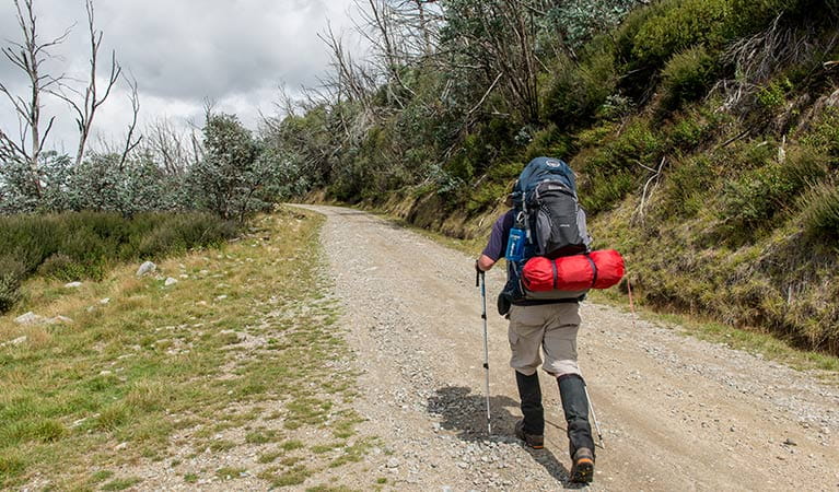 A hiker with backpack walks up Schlink Pass Road, near Guthega, Kosciuszko National Park. Photo: John Spencer &copy; OEH