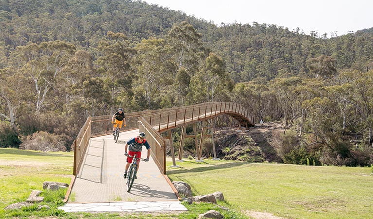 Two mountain bike riders cross a bridge from Thredbo Valley track, in Kosciuszko National Park, to Gaden Trout Hatchery. Photo: Robert Mulally/DPIE