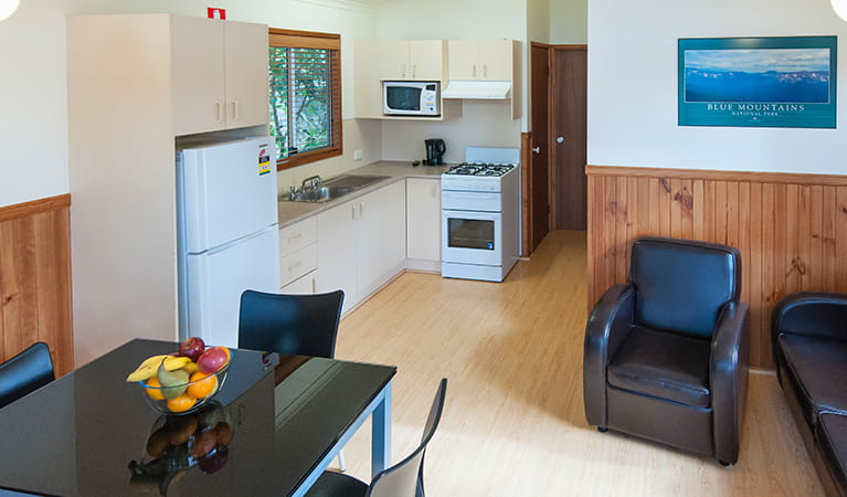 Kitchen and dining area at Lane Cove cabins in Lane Cove National Park. Photo: Bob Fowler/OEH