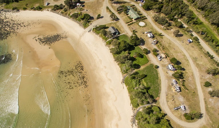 An aerial view of Point Plomer campground, Limeburners Creek National Park. Photo: John Spencer/OEH