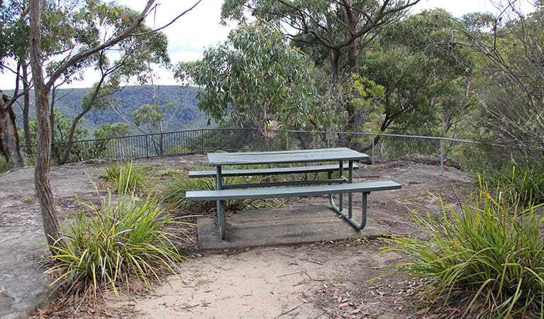 Picnic table at Grand Canyon lookout, set in bushland with valley view.  Photo: John Yurasek/OEH.