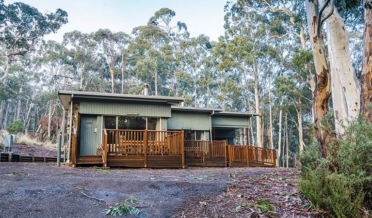 Exterior of Dawsons Spring cabins, surrounded by snow gums. Photo: Simone Cottrell/OEH