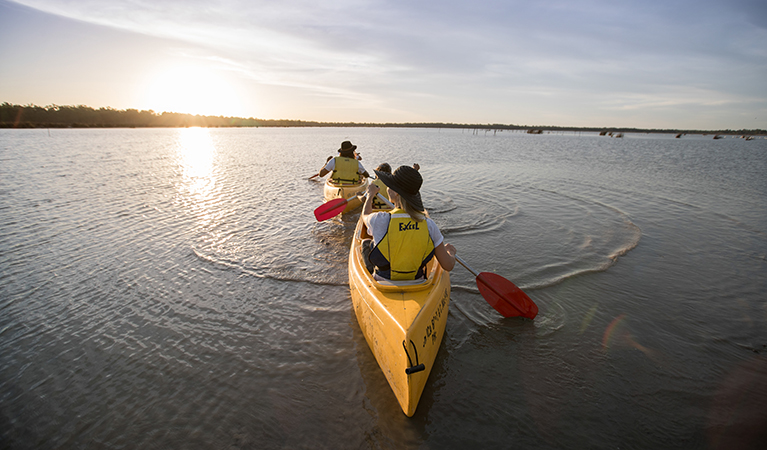 A family in 2 canoes paddles down the Murray River, Murray Valley National Park. Photo &copy; Boen Ferguson