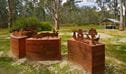 View of Geoff Hocking's 4 historical steel sculptures, with Edward River in the background. Photo: Gavin Hansford/DPIE