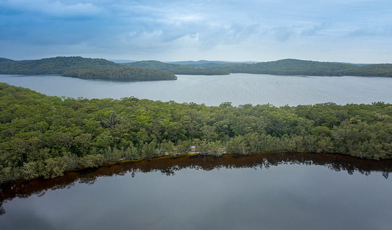 Aerial view of Freshwater campground on Two Mile Lake with Boolambayte Lake in the background. Photo: John Spencer &copy; DPIE