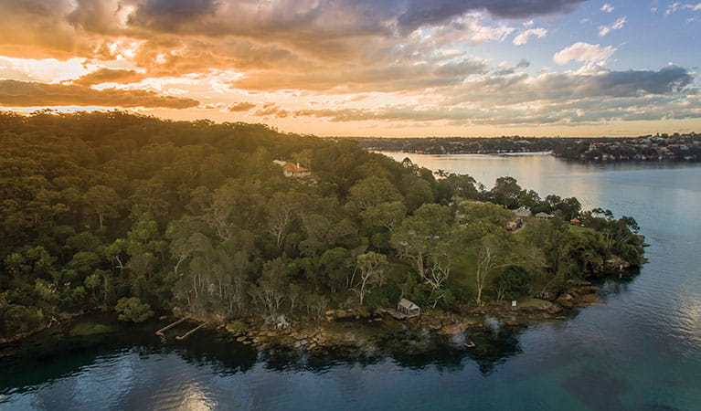 Aerial view of Hilltop Cottage and Port Hacking in Royal National Park. Photo: John Spencer &copy; DPIE