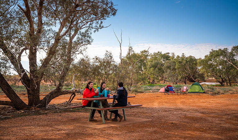 Friends eating breakfast at a picnic table at Mount Wood campground. Photo: John Spencer/DPIE
