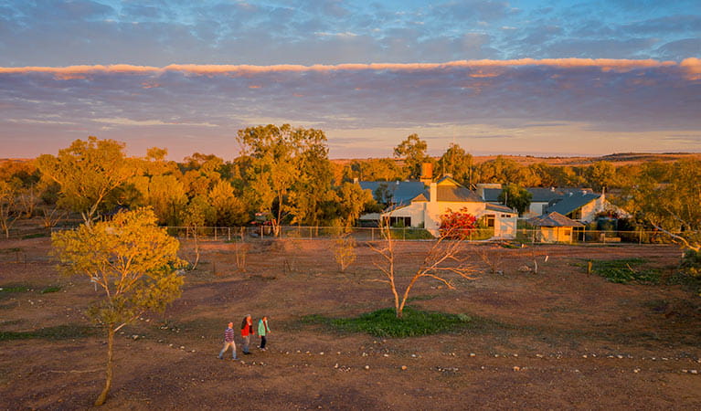 People walking in front of Mount Wood Homestead at sunrise. Photo: John Spencer/DPIE