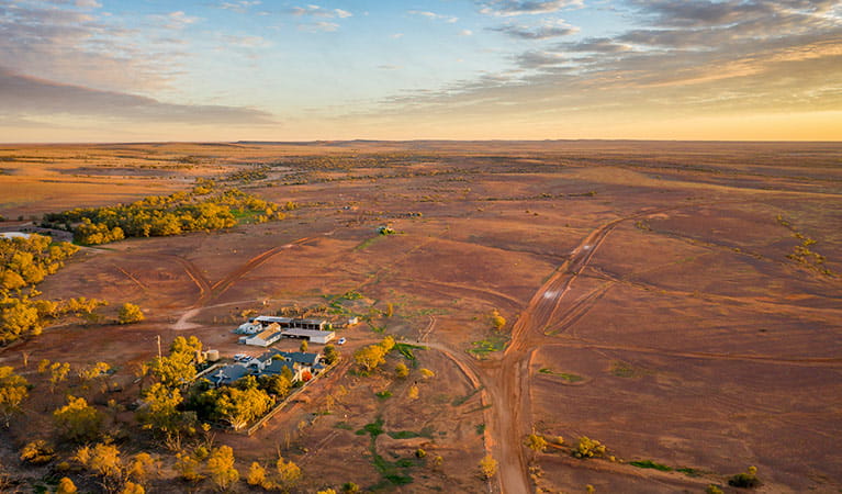 Aerial view of the landscape and homestead at Mount Wood in Sturt National Park. Photo: John Spencer/DPIE